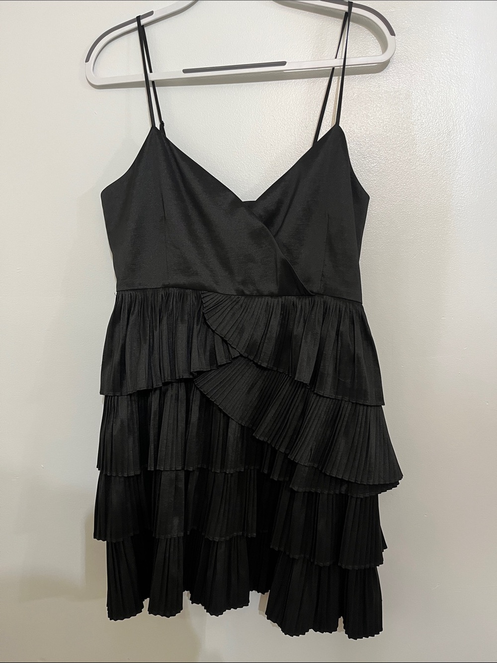 Likely Julie Black Tiered Pleated Mini Dress with Spaghetti Straps